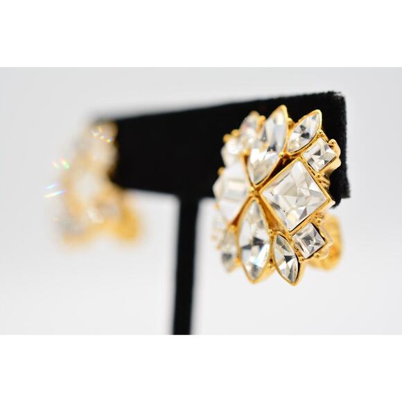 Monet Vintage Crystal Clip On Earrings Square Rhinestone Gold Signed 1980s Bin4 - Picture 2 of 12